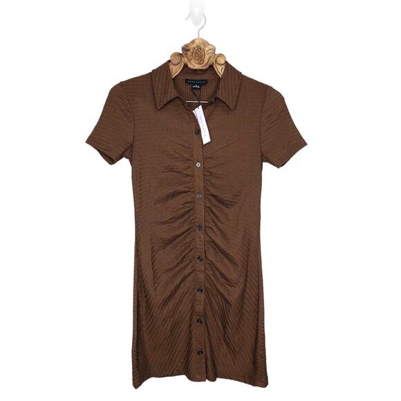Sanctuary Dress Brown Collar Button Up Shirt Ruched Mini Short Sleeve Medium NEW - Picture 7 of 7